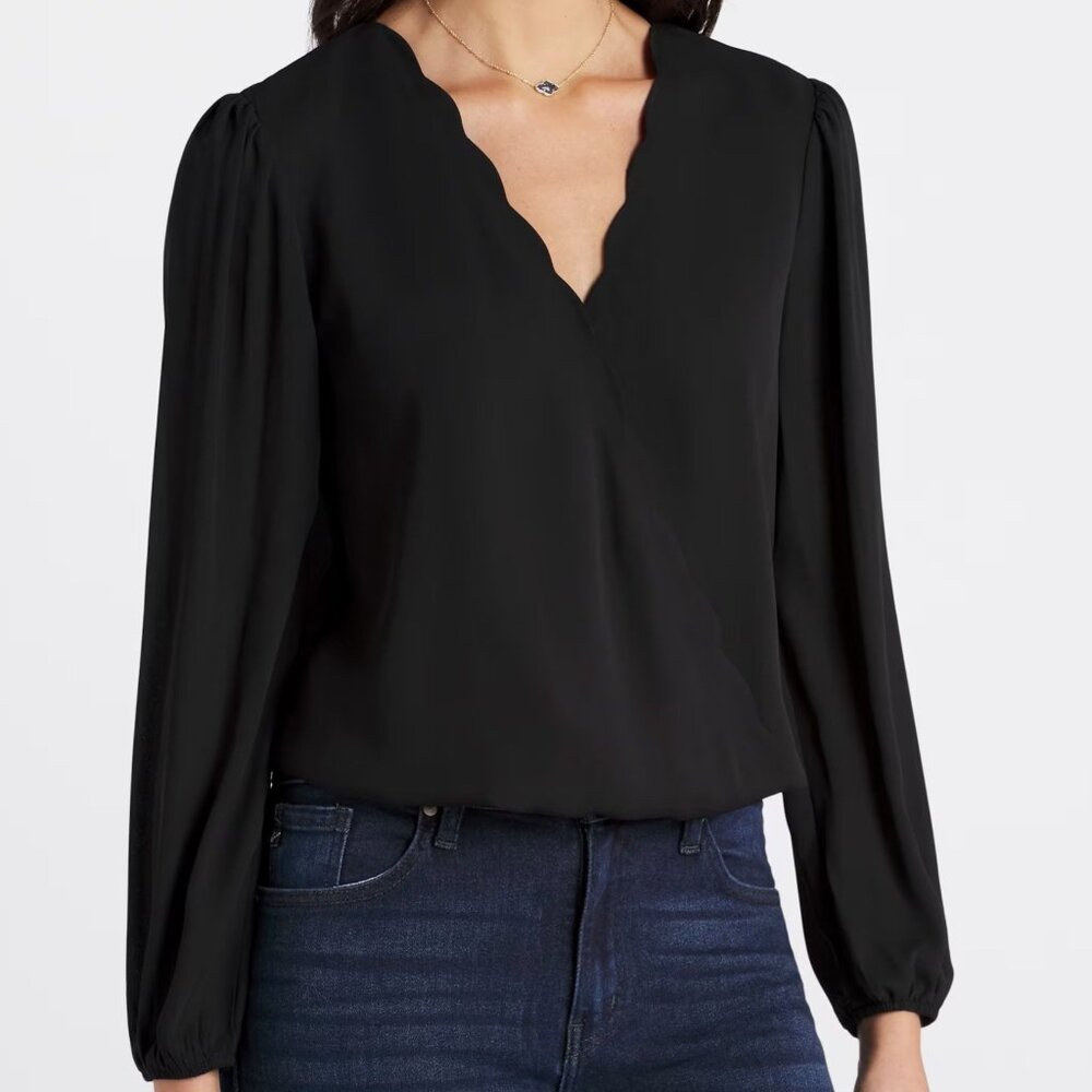 Nine Britton Wrap Blouse Women's XXL Scalloped V Neck Black Long Sleeve Top